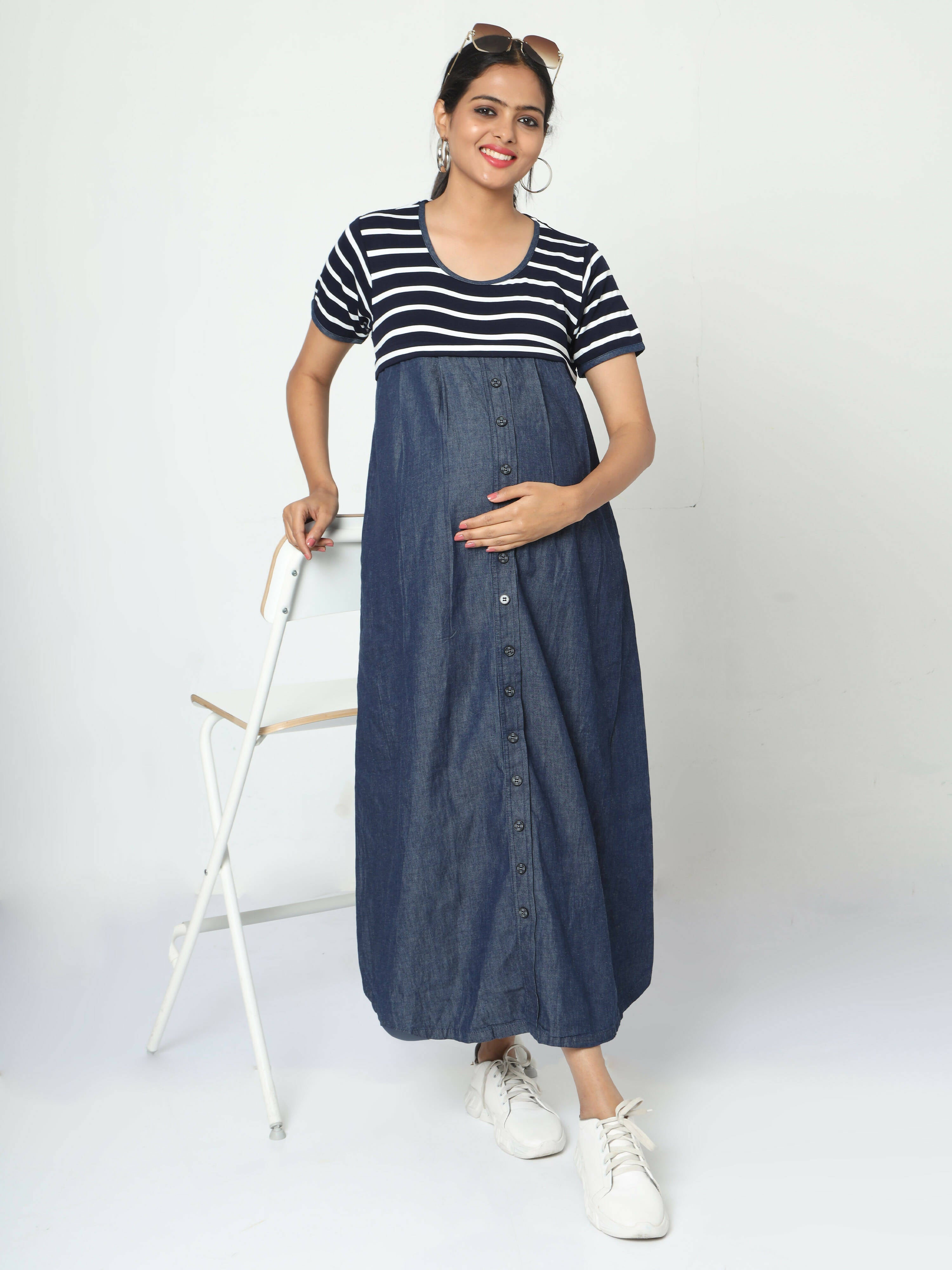 Manet Half Sleeves Maternity Dress White Striped With Concealed Zipper Nursing Access - Navy - Distacart
