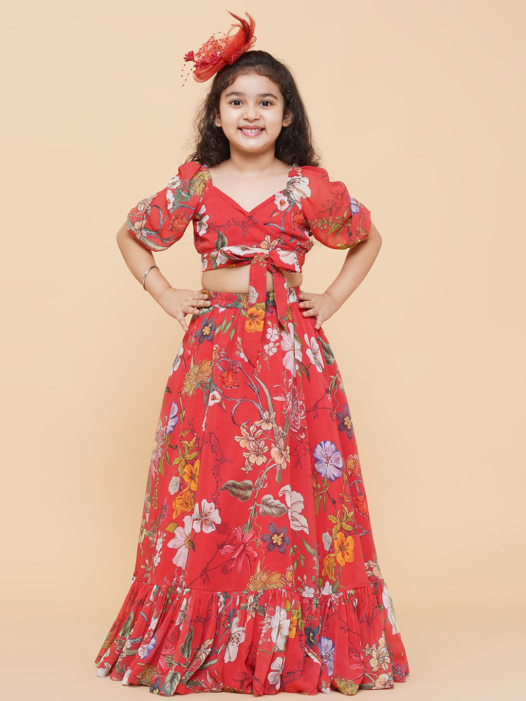 Girls Red Flower Digital Print Ready To Wear Lehenga Choli for Kids - Bhama - Distacart
