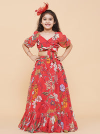 Thumbnail for Girls Red Flower Digital Print Ready To Wear Lehenga Choli for Kids - Bhama - Distacart