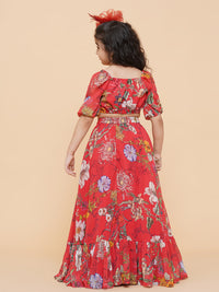Thumbnail for Girls Red Flower Digital Print Ready To Wear Lehenga Choli for Kids - Bhama - Distacart