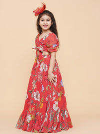 Thumbnail for Girls Red Flower Digital Print Ready To Wear Lehenga Choli for Kids - Bhama - Distacart