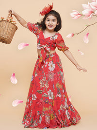 Thumbnail for Girls Red Flower Digital Print Ready To Wear Lehenga Choli for Kids - Bhama - Distacart