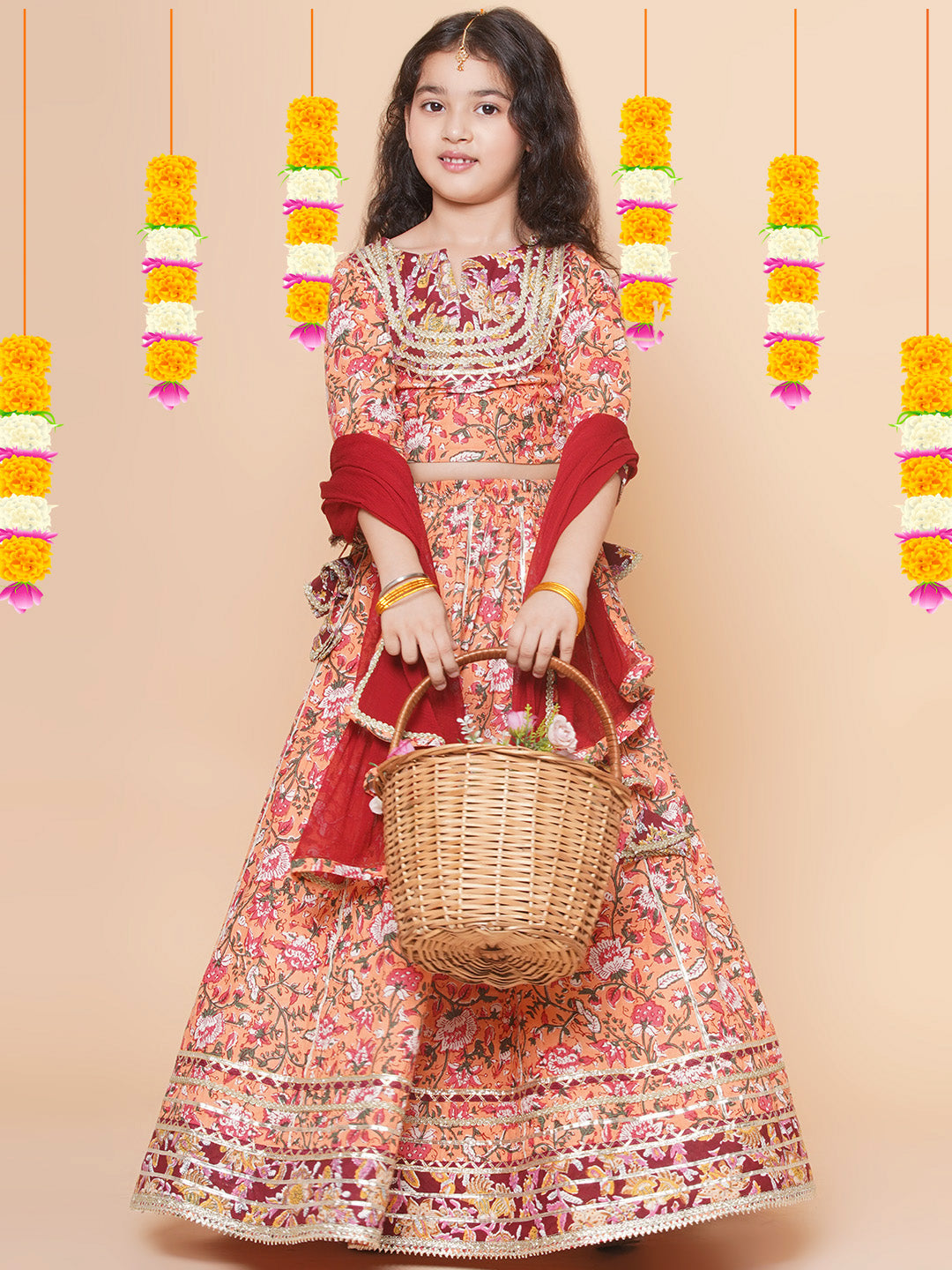 Girls Peach Flower Jaal Printed with Lace detailed Lehenga with Choli With Dupatta for Kids - Bhama - Distacart