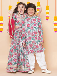 Thumbnail for Girls Off White & Pink Flower Print Choli Ready to wear Lehenga With Dupatta for Kids - Bhama - Distacart