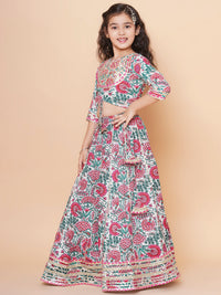Thumbnail for Girls Off White & Pink Flower Print Choli Ready to wear Lehenga With Dupatta for Kids - Bhama - Distacart
