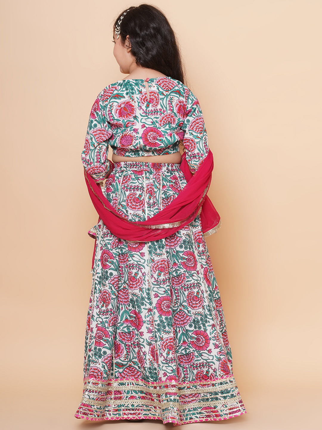 Girls Off White & Pink Flower Print Choli Ready to wear Lehenga With Dupatta for Kids - Bhama - Distacart