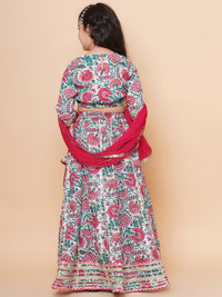 Thumbnail for Girls Off White & Pink Flower Print Choli Ready to wear Lehenga With Dupatta for Kids - Bhama - Distacart