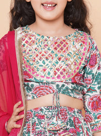 Thumbnail for Girls Off White & Pink Flower Print Choli Ready to wear Lehenga With Dupatta for Kids - Bhama - Distacart