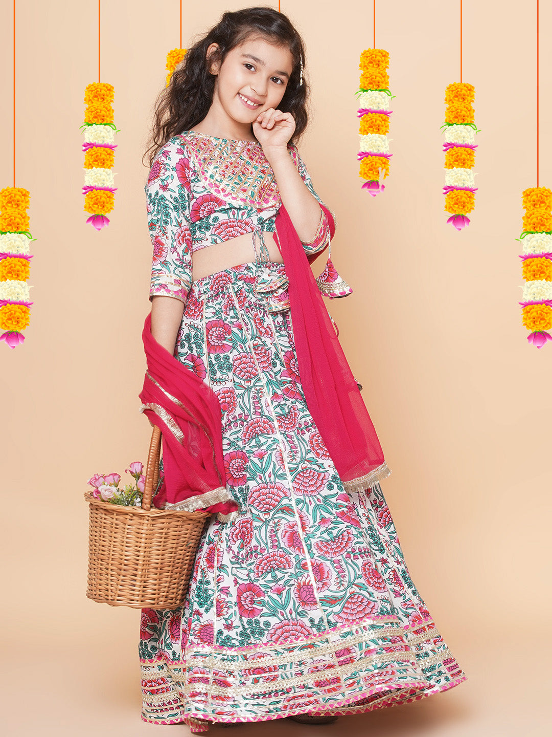 Girls Off White & Pink Flower Print Choli Ready to wear Lehenga With Dupatta for Kids - Bhama - Distacart