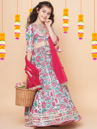 Thumbnail for Girls Off White & Pink Flower Print Choli Ready to wear Lehenga With Dupatta for Kids - Bhama - Distacart