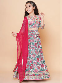 Thumbnail for Girls Off White & Pink Flower Print Choli Ready to wear Lehenga With Dupatta for Kids - Bhama - Distacart
