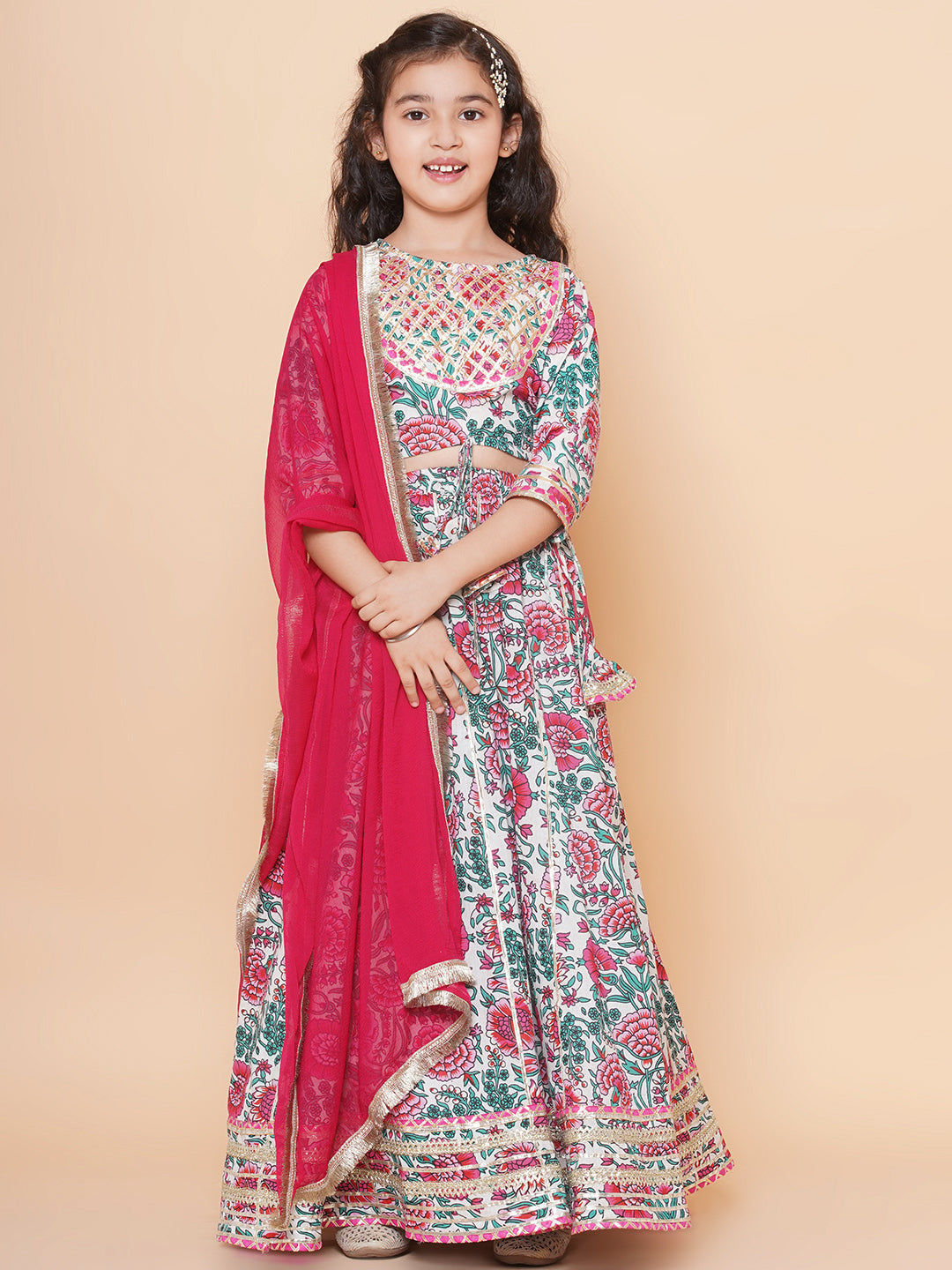 Girls Off White & Pink Flower Print Choli Ready to wear Lehenga With Dupatta for Kids - Bhama - Distacart