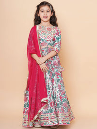 Thumbnail for Girls Off White & Pink Flower Print Choli Ready to wear Lehenga With Dupatta for Kids - Bhama - Distacart