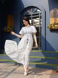 Thumbnail for Off white Rayon Foil Printed Long Dress - Michan - Distacart