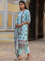 Thumbnail for Juniper Women's Skyblue Cambric Floral Placement Printed Straight Fit Kurta Sets - Distacart