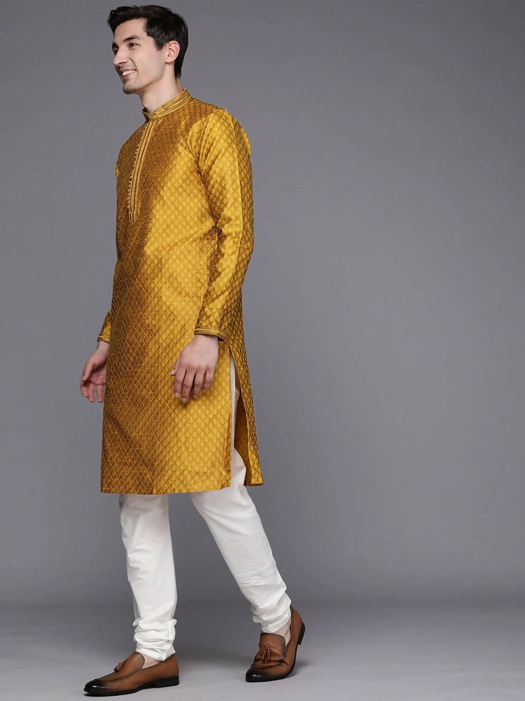 Manyavar Men Mustard Yellow Ethnic Motifs Woven Design Kurta with Churidar - Distacart