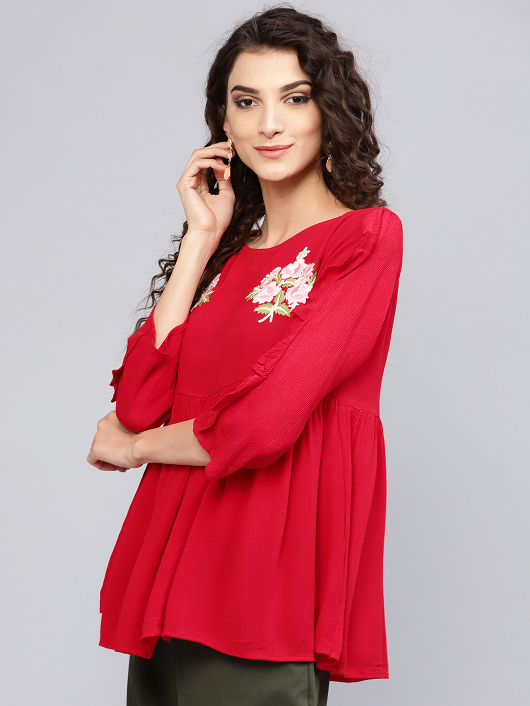 Women's Red Solid A-Line Pure Cotton Top - Bhama - Distacart
