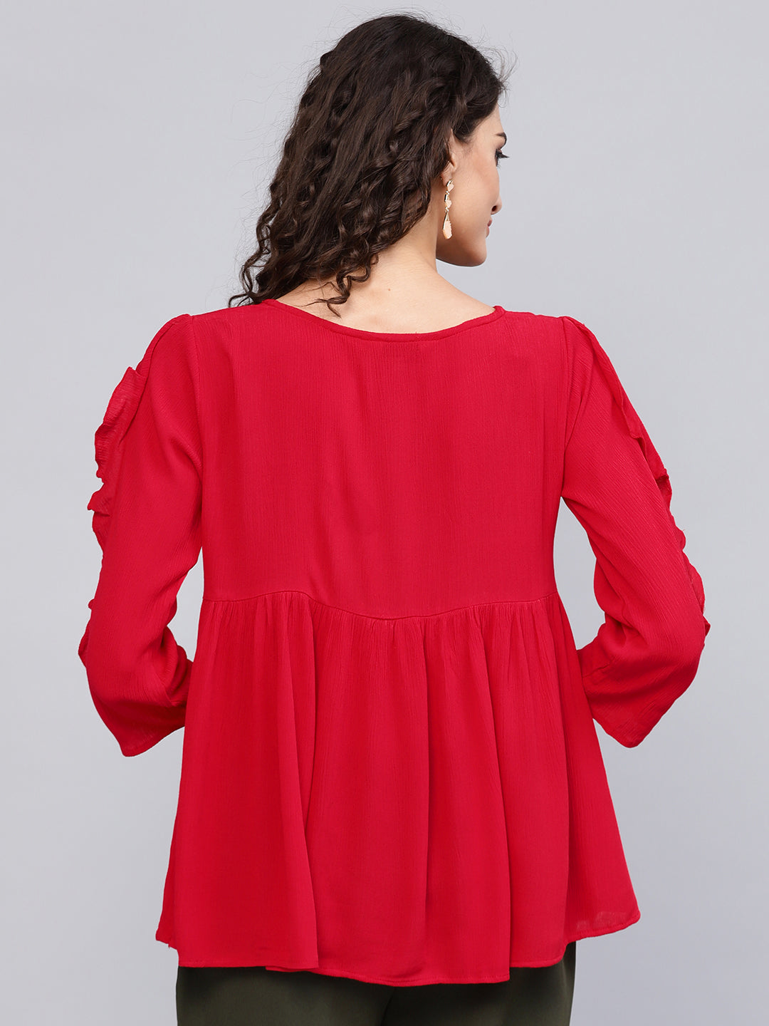 Women's Red Solid A-Line Pure Cotton Top - Bhama - Distacart