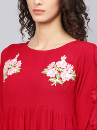 Thumbnail for Women's Red Solid A-Line Pure Cotton Top - Bhama - Distacart