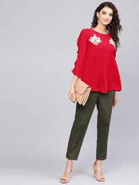 Thumbnail for Women's Red Solid A-Line Pure Cotton Top - Bhama - Distacart