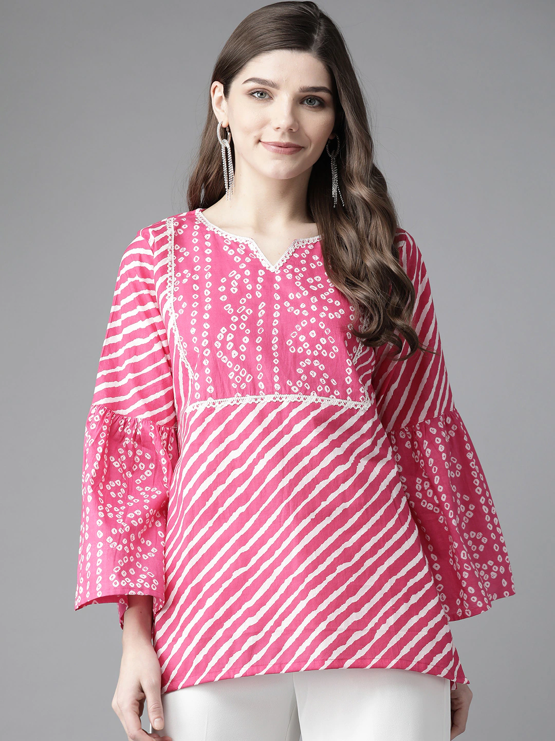 Women's Pink & White Leheriya Print Bell Sleeves Regular Top - Bhama - Distacart