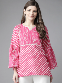 Thumbnail for Women's Pink & White Leheriya Print Bell Sleeves Regular Top - Bhama - Distacart