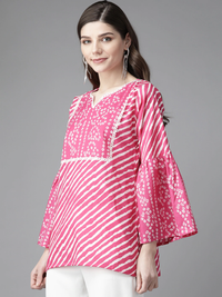 Thumbnail for Women's Pink & White Leheriya Print Bell Sleeves Regular Top - Bhama - Distacart