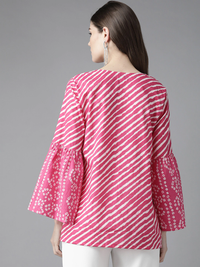 Thumbnail for Women's Pink & White Leheriya Print Bell Sleeves Regular Top - Bhama - Distacart