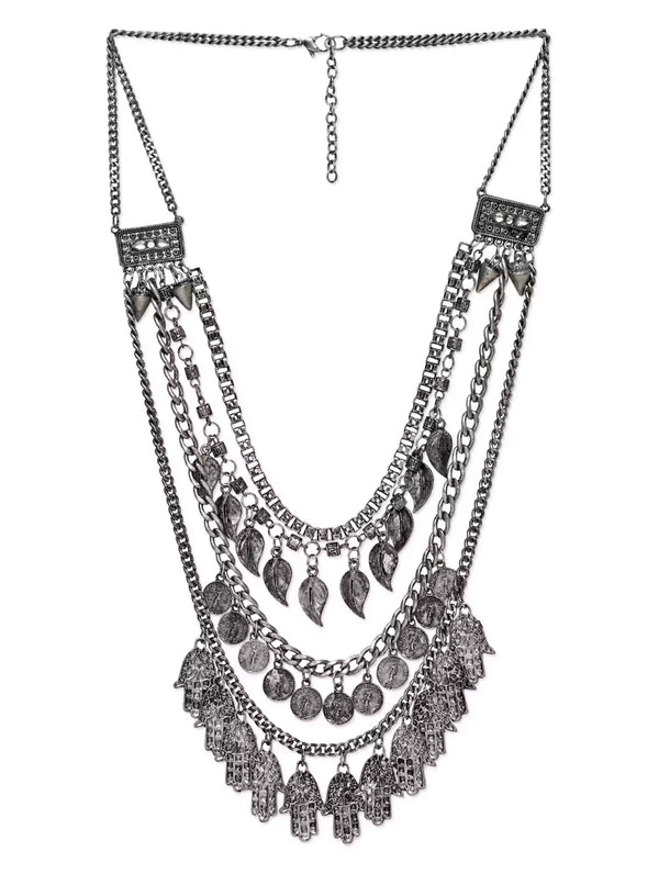 Silver-Plated Alloy Multi Layer Silver Oxidised Necklace - The Pari - Distacart
