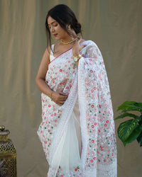 Thumbnail for Vastrasky White Organza Saree - Distacart