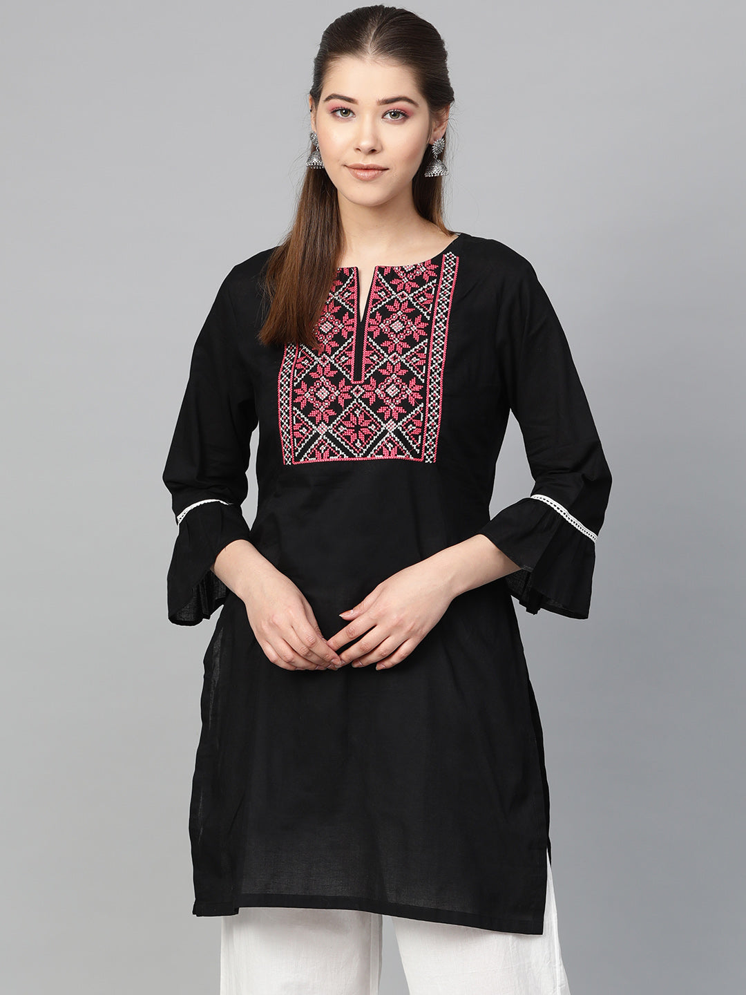 Women's Black Embroidered Tunic - Bhama - Distacart