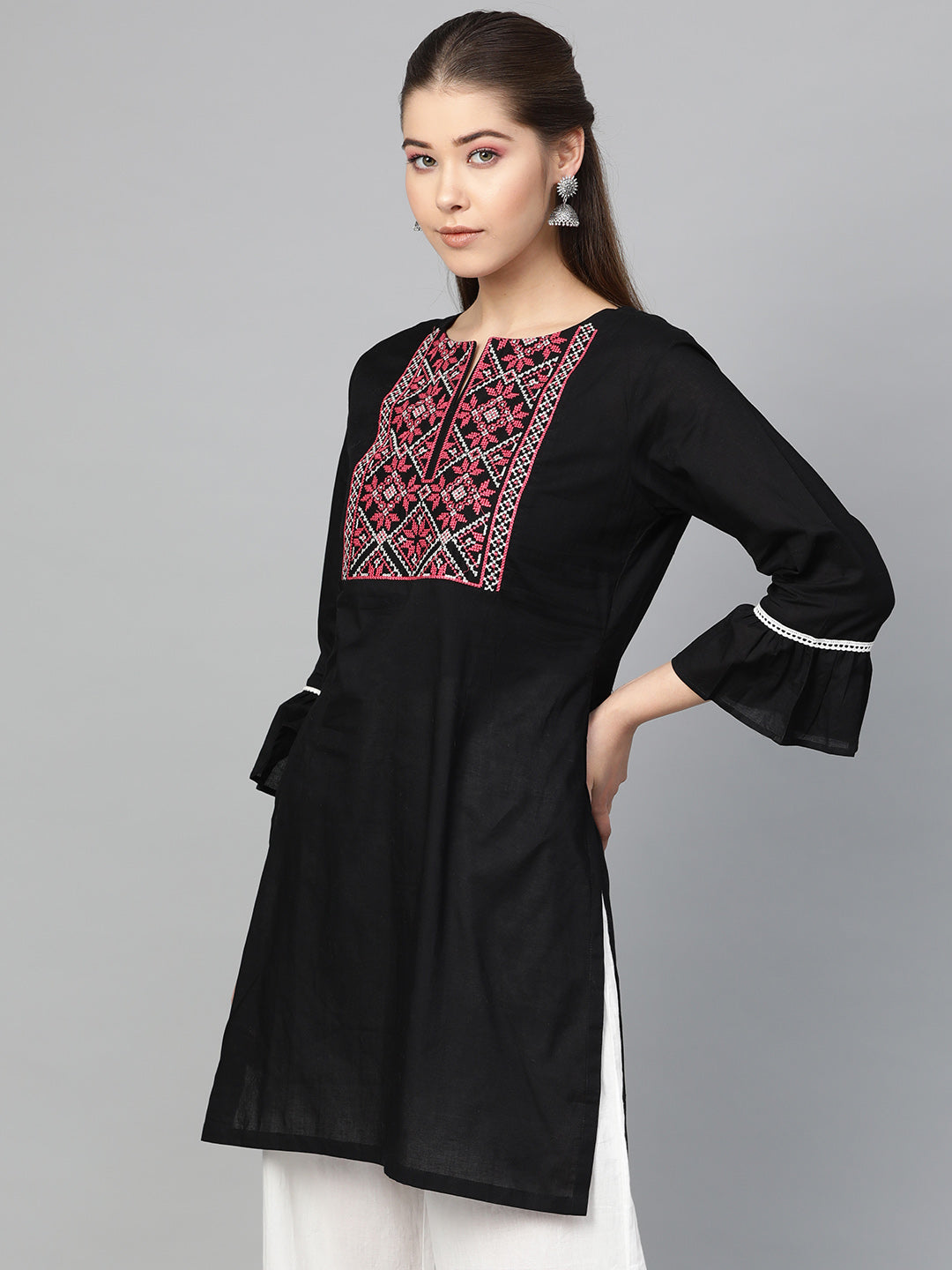 Women's Black Embroidered Tunic - Bhama - Distacart