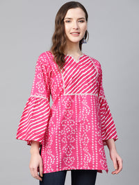 Thumbnail for Women's Pink & White Cotton Bandhani Print Tunic - Bhama - Distacart