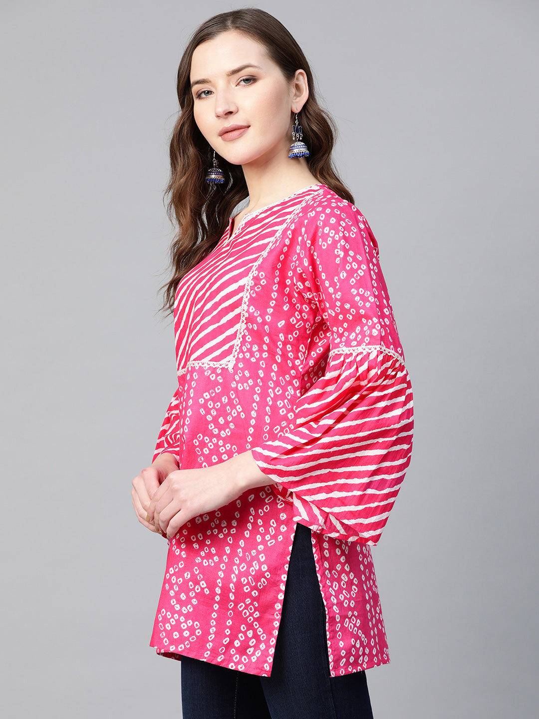 Women's Pink & White Cotton Bandhani Print Tunic - Bhama - Distacart