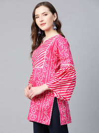 Thumbnail for Women's Pink & White Cotton Bandhani Print Tunic - Bhama - Distacart