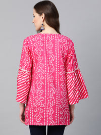 Thumbnail for Women's Pink & White Cotton Bandhani Print Tunic - Bhama - Distacart