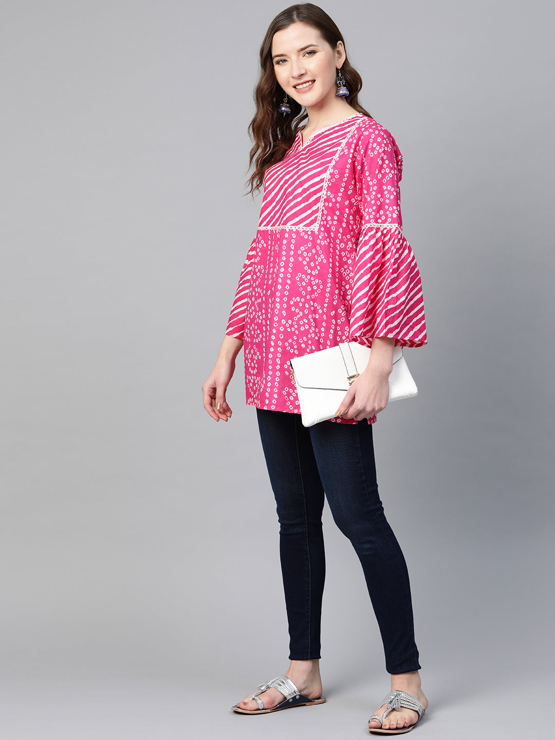 Women's Pink & White Cotton Bandhani Print Tunic - Bhama - Distacart