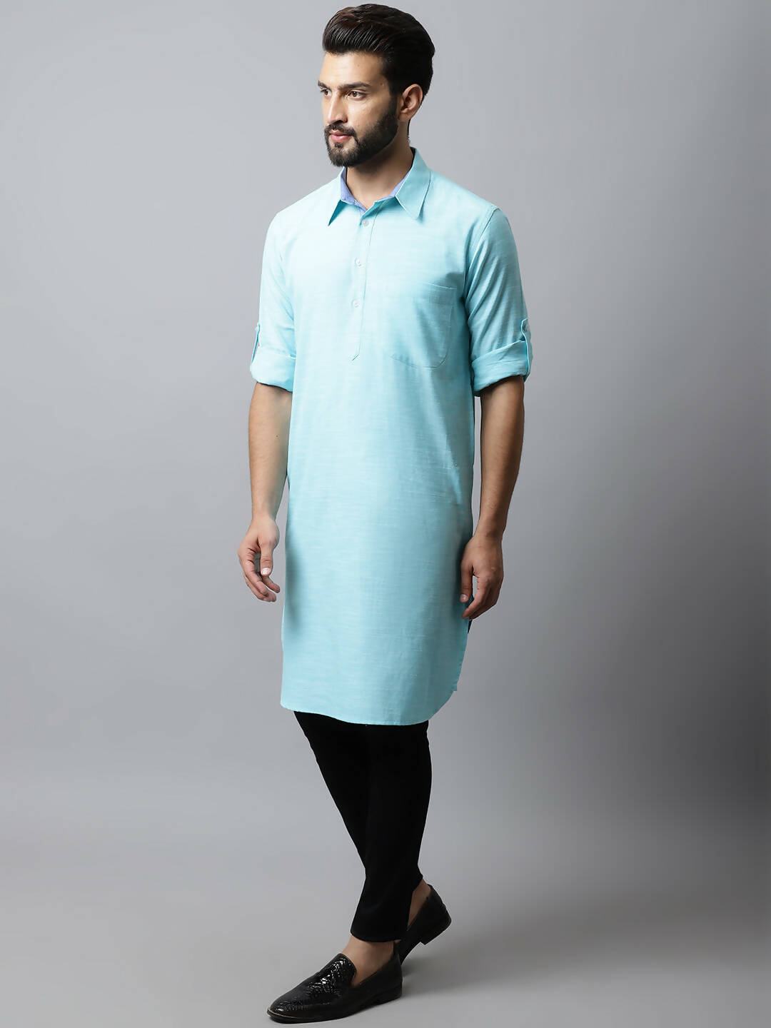 Even Apparels Blue Color Pure Cotton Solid Men's Kurta With Shirt Collar (SLD1132) - Distacart