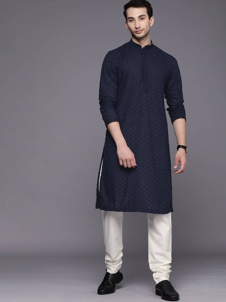 Manyavar Men Navy Blue Embroidered Regular Thread Work Kurta with Pyjamas - Distacart
