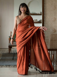 Thumbnail for Suta Rust Solid Cotton Blend Saree - Distacart