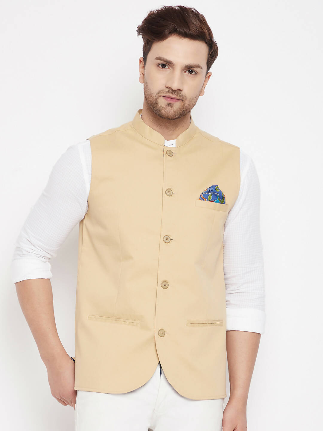 Even Apparels Beige Polyester Men's Nehru Jacket-Contrast Lining-Inbuilt Pocket Square - Distacart