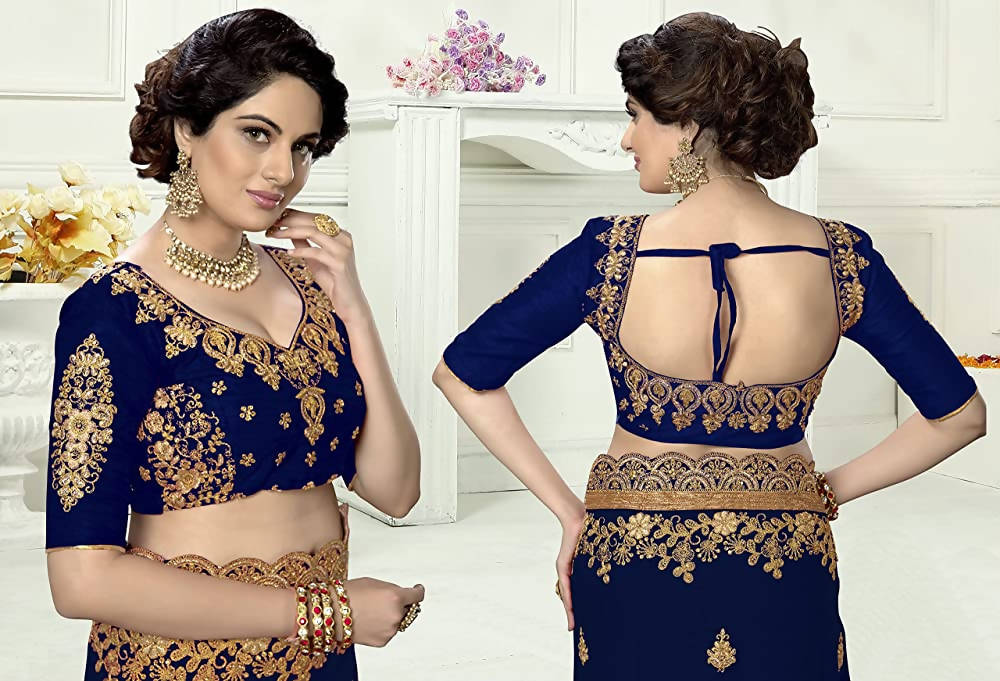 Panash Trends Women's Blue Silk Heavy Embroidery Saree