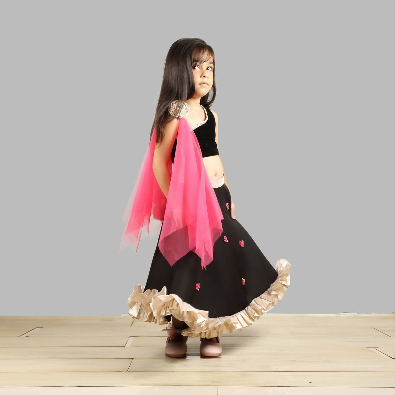 Pink Cow Fashions Black Ghagra Choli With Pink Dupatta - Distacart