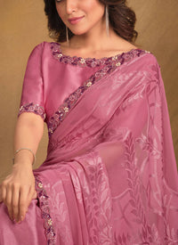 Thumbnail for Pink Sequence/Georgette Film Jacqurad Designer Saree with Unstitched Blouse - Norita Mahitha - Distacart