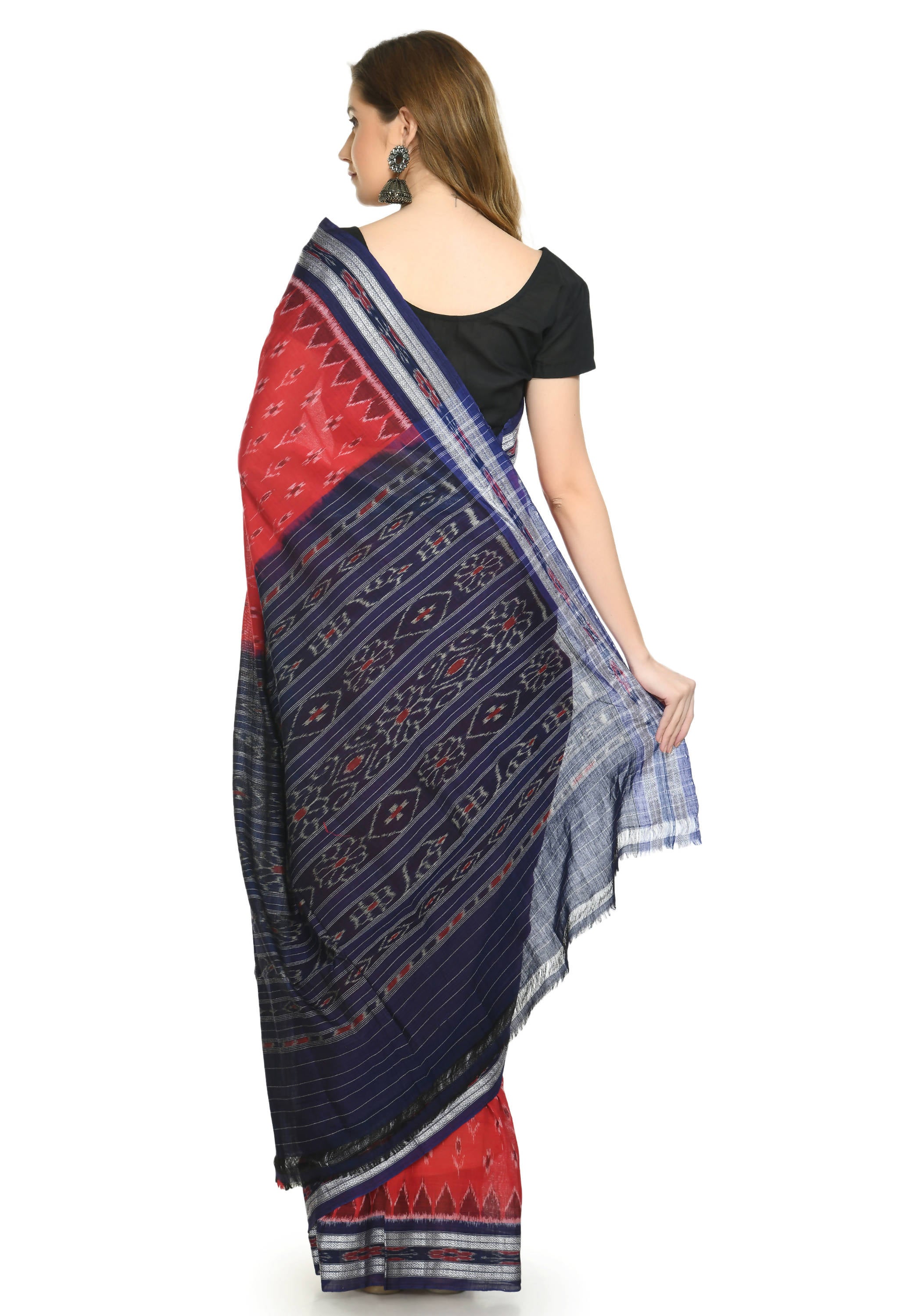 Vamika Sambalpuri Ikat Cotton Dehabandha Badafula Red & Blue Saree - Distacart