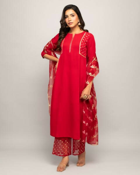 FIORRA Women's Red Creap A-Line Kurta Palazzo Set With Dupatta - Distacart