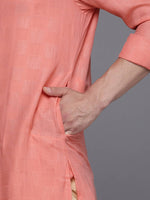 Thumbnail for Manyavar Men Peach-Coloured Mandarin Collar Self Design Kurta - Distacart