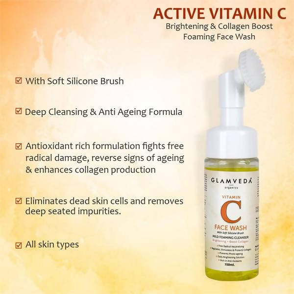 Glamveda Active Vitamin C Brightening & Collagen Boost Foaming Face Wash With Soft Silicone Brush