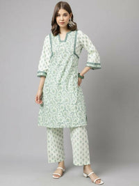 Thumbnail for FIORRA Women's Sea Green Cotton A-Line Kurta Set - Distacart