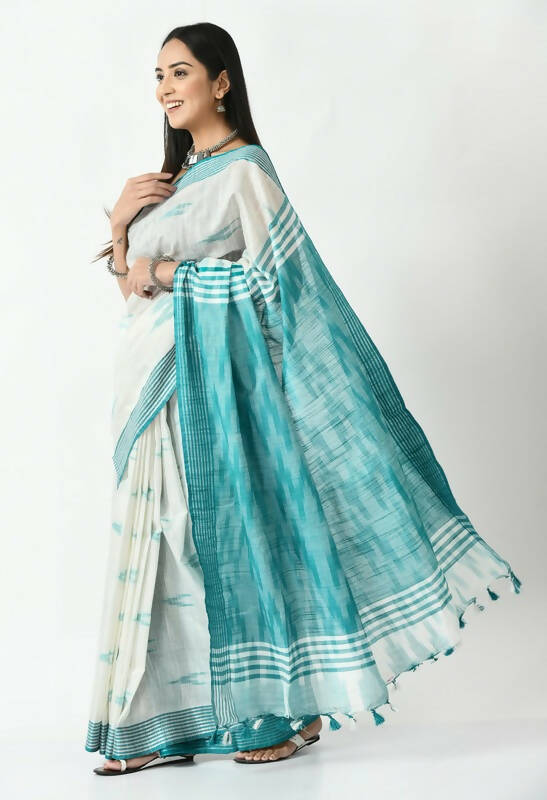 Mominos Fashion Moeza White & Sea Green Bhagalpuri Handloom Ikat Pure Cotton Saree with unstitched Blouse piece - Distacart